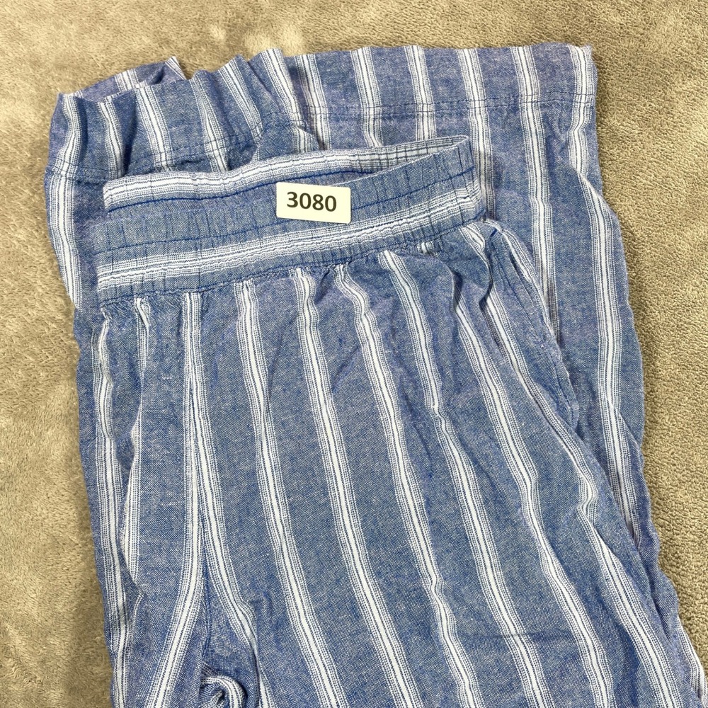 Old‎ Navy Wide Leg Pants Women Large Blue Striped High Rise Linen Blend